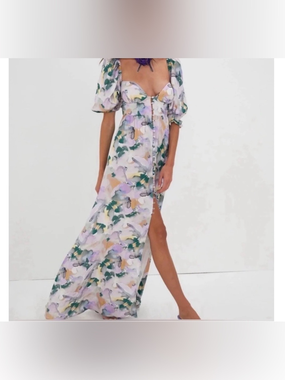 For Love and Lemons- Floral Puff-Sleeve Maxi Dress- Lavender & Green- never worn - Picture 1 of 7